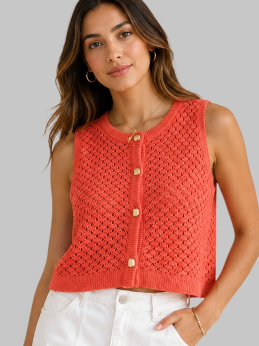 Fisoew Womens Crochet Knit Tank Top W/Gold Button Details Red/Orange Large